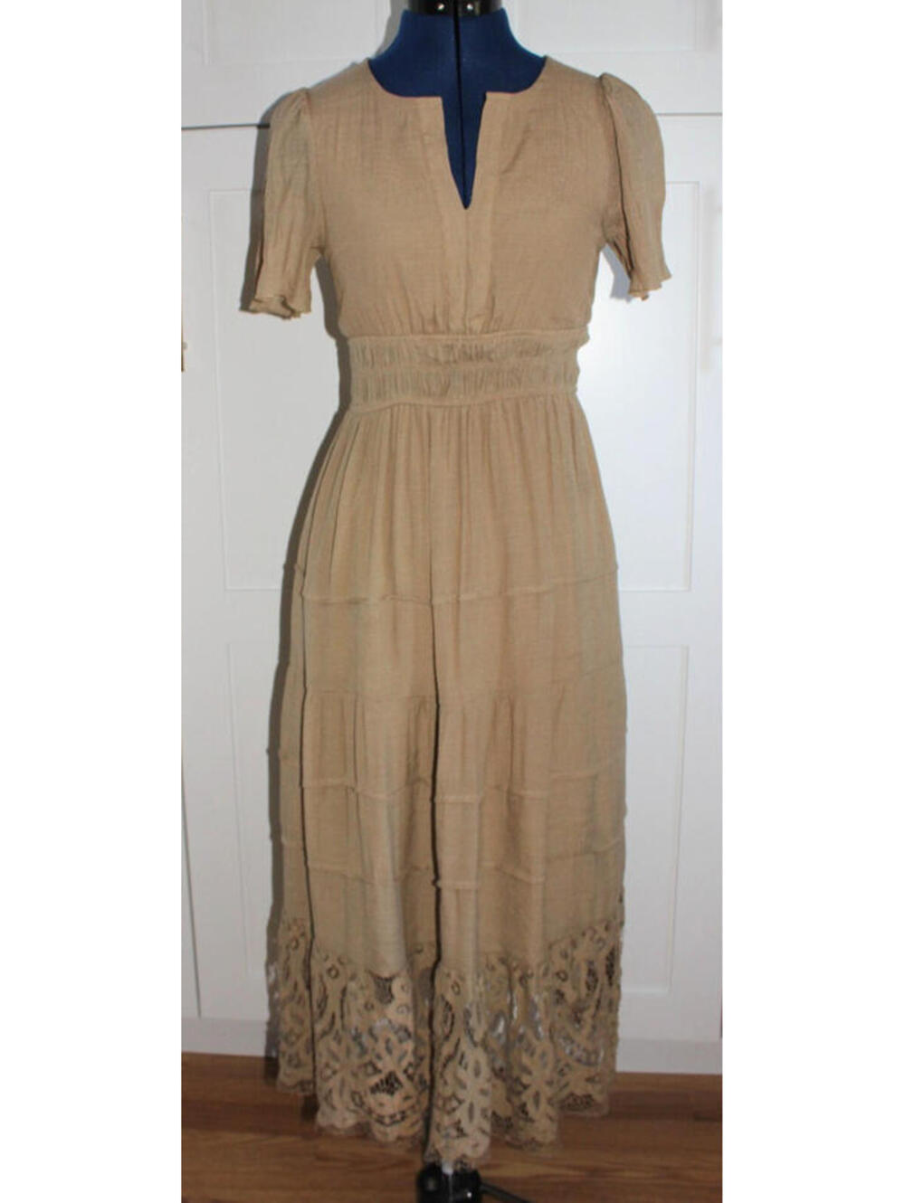 J Gee Tan Maxi Dress Petite P/S Smocked Waist Lace Hem Short Sleeve